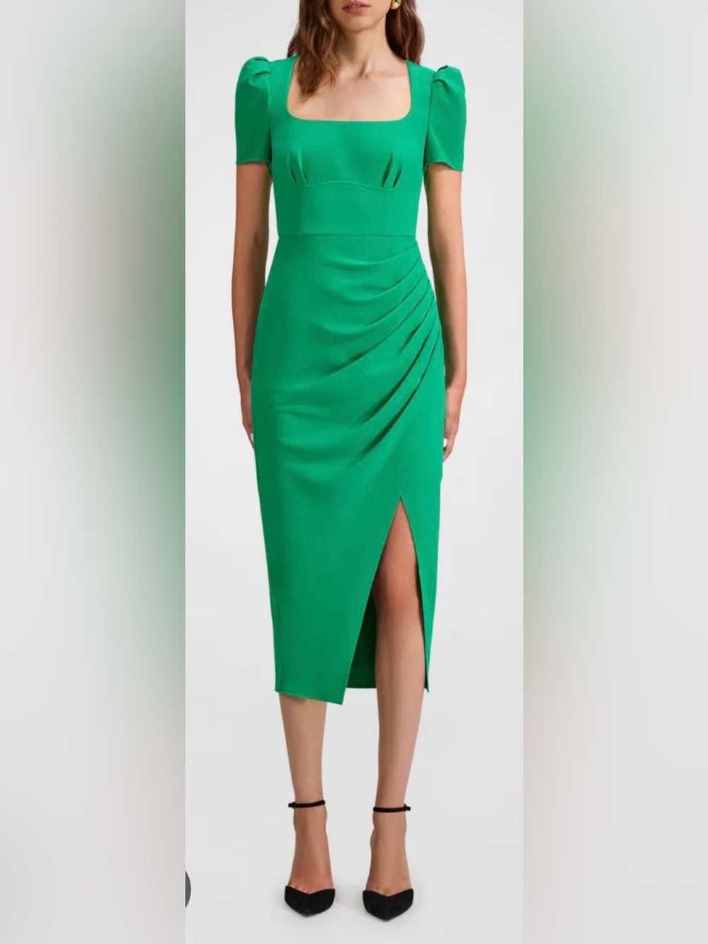 NWT Self-Portrait Green Crepe gathered puff-sleeve midi dress size 4